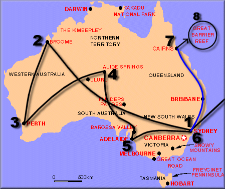 Kart över Australien och reserutt  1999