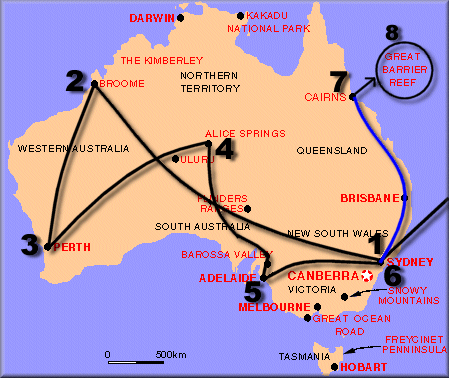 Kart över Australien och reserutt 1999 Kart över Australien och reserutt 1999